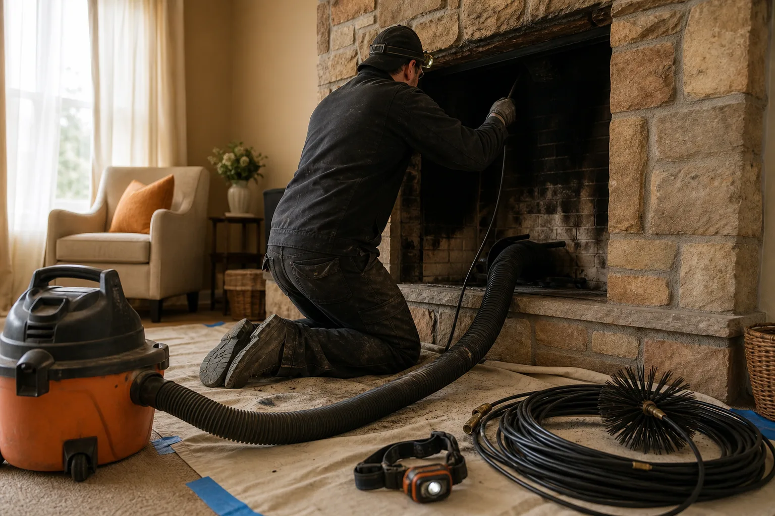 Chimney doctors sweeping a masonry firebox with rotary rods and a shop vacuum