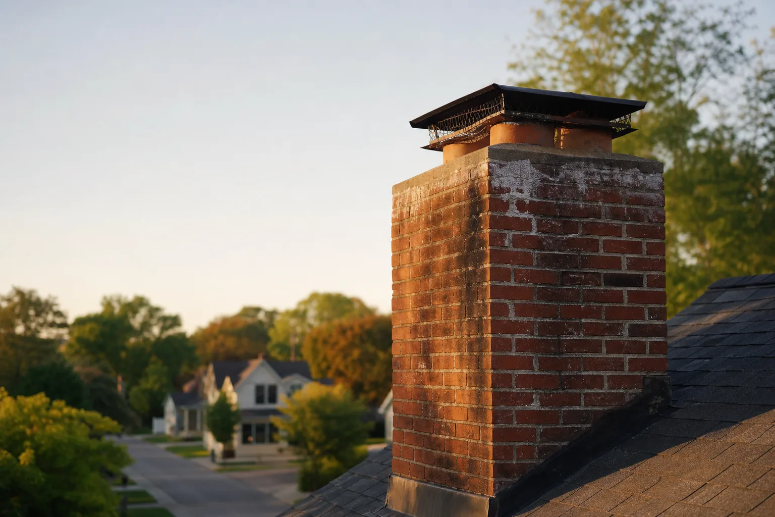 Chimney doctors inspect weathered brick chimney stacks like this one on a residential roof