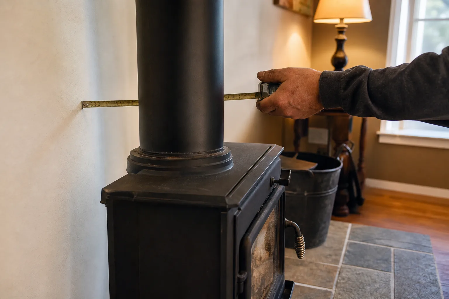 wood stove pipe installation clearance measured with a tape from black pipe to the drywall wall