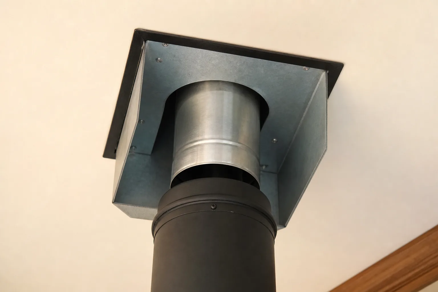 wood stove pipe installation transition where black pipe becomes Class A chimney at a ceiling support box