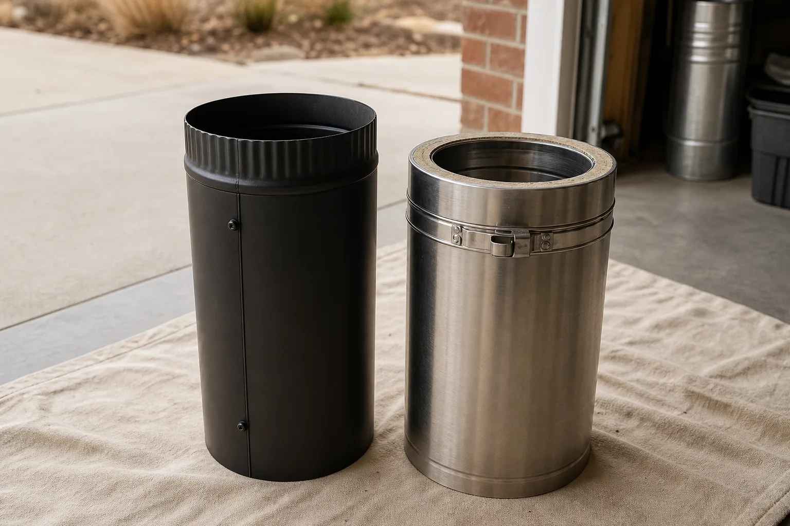 wood stove pipe installation parts: single wall black stove pipe beside stainless Class A chimney pipe