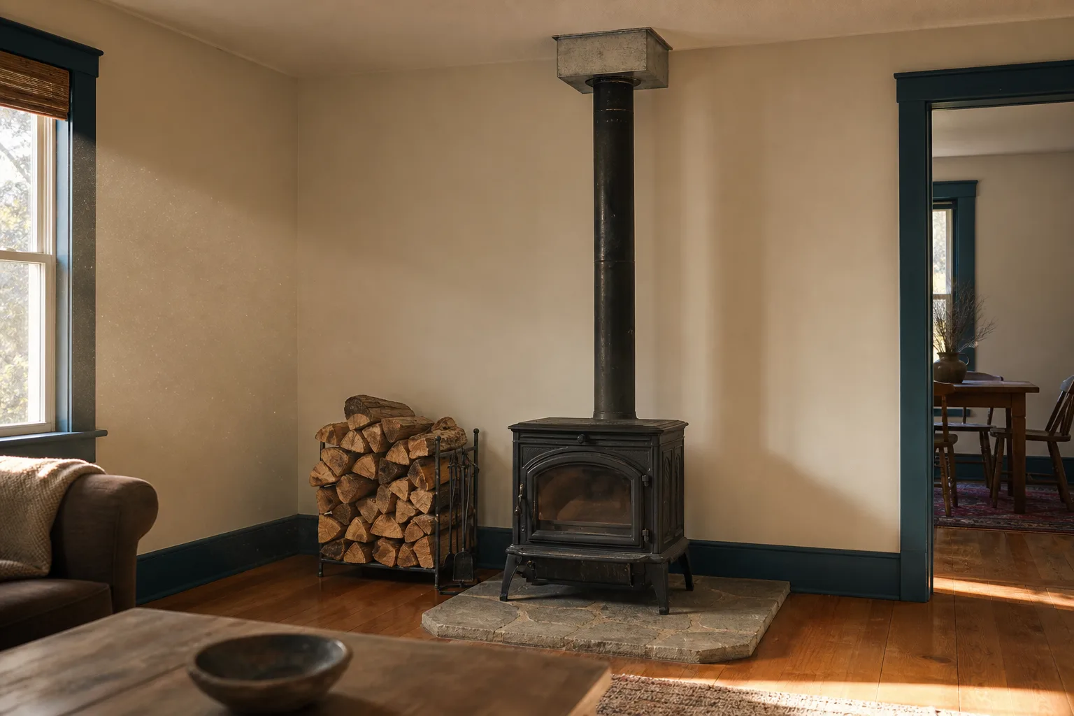 wood stove pipe installation with black connector pipe rising from the stove to a ceiling support box