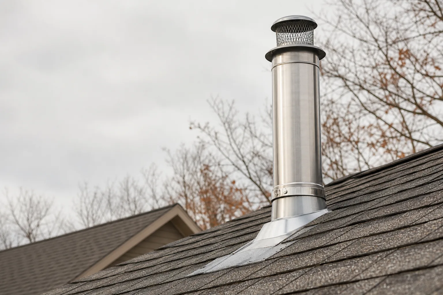 wood stove pipe installation terminating above an asphalt roof with flashing, storm collar and cap