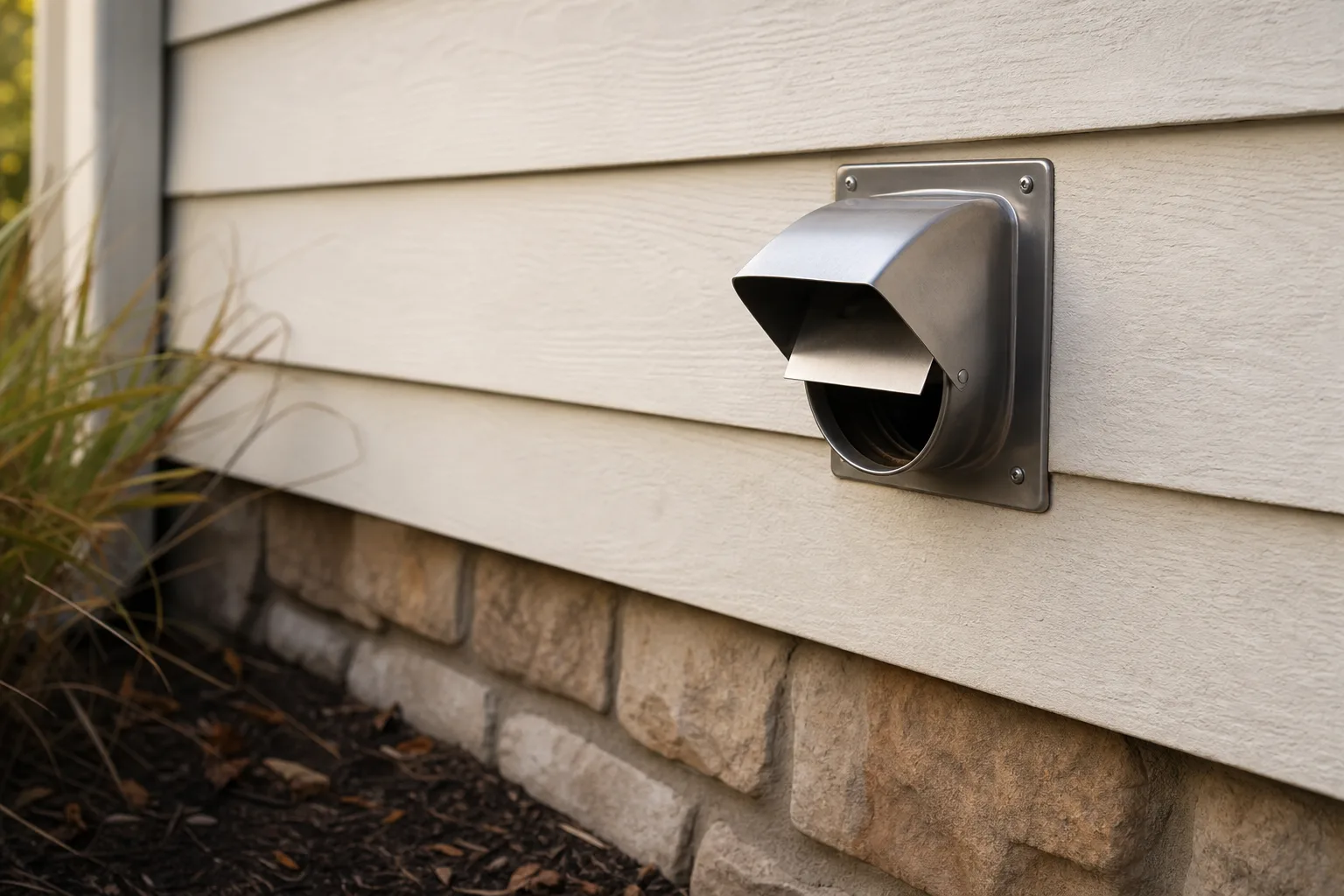 Dryer vent installation hood with an open damper on an exterior wall
