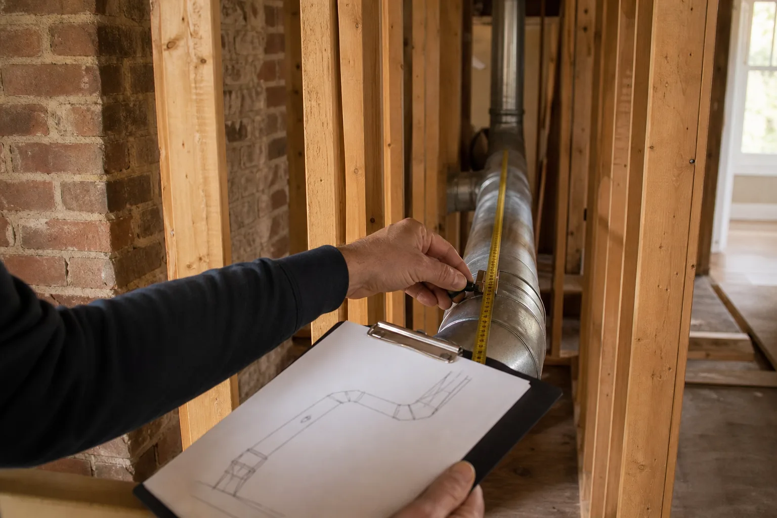 Dryer vent technician measuring a rigid metal run with several elbows