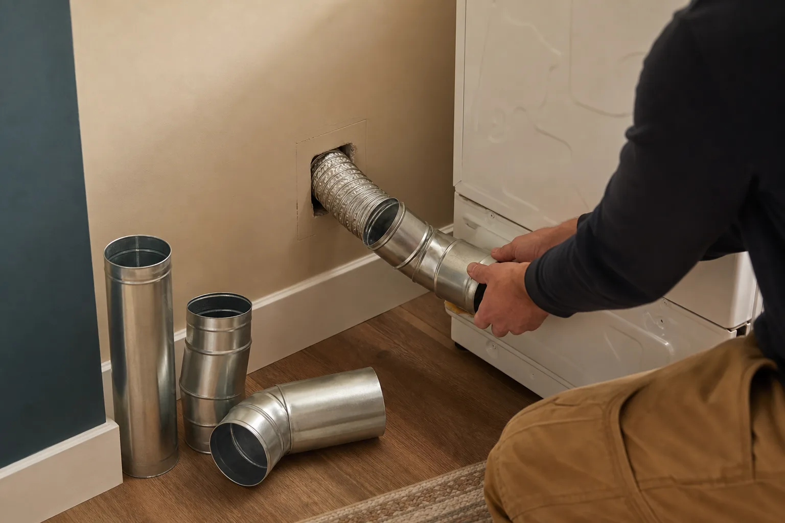 Dryer vent installation materials showing rigid metal duct and an accessible connector