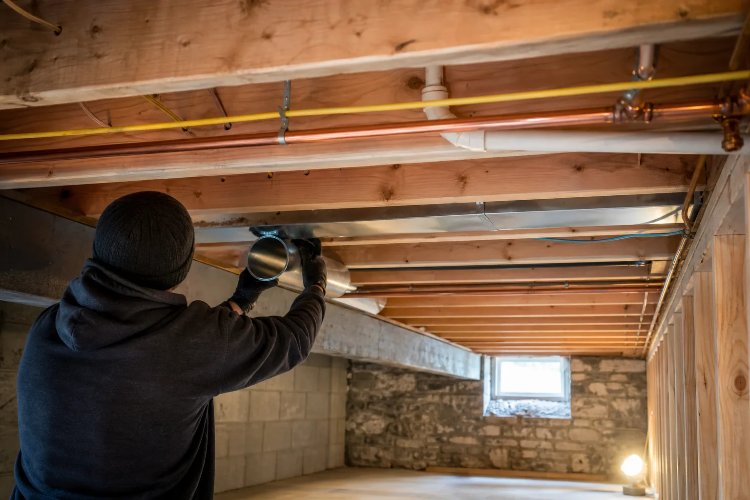 Dryer vent installer planning a short route through an unfinished basement