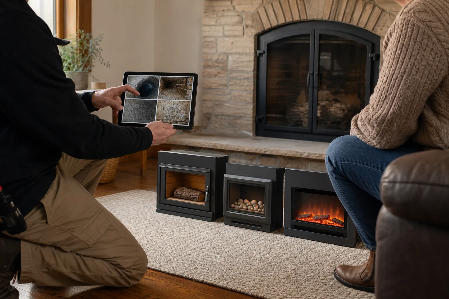 Fireplace insert fuel selection reviewed beside an older masonry fireplace