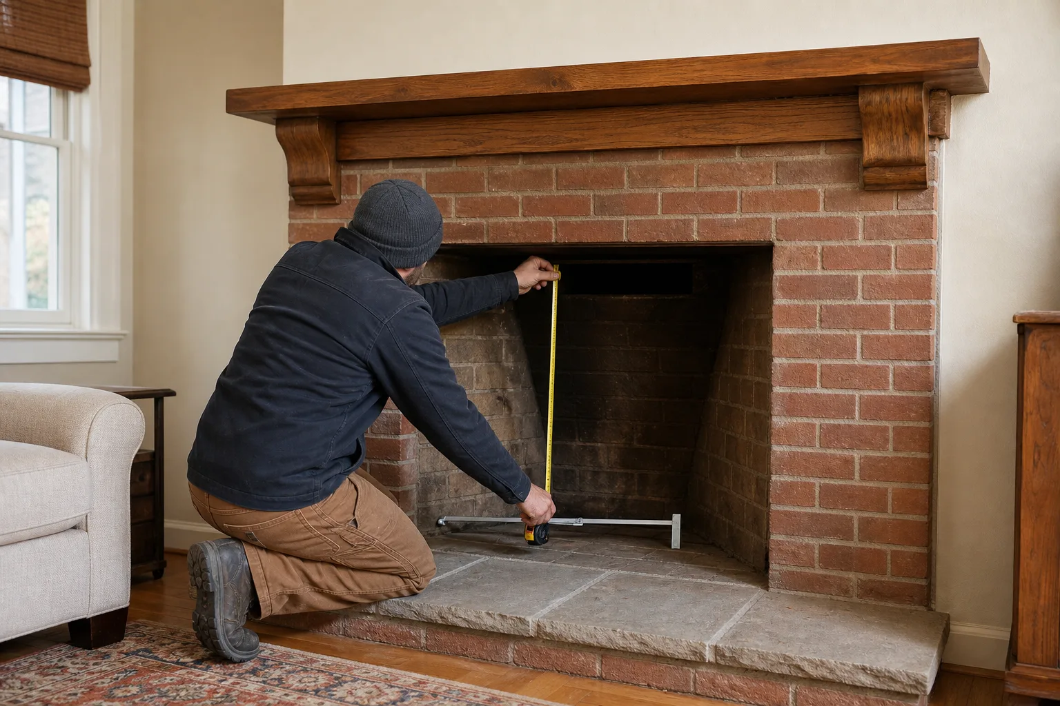 Fireplace insert fit assessment measuring a tapered firebox and shallow hearth