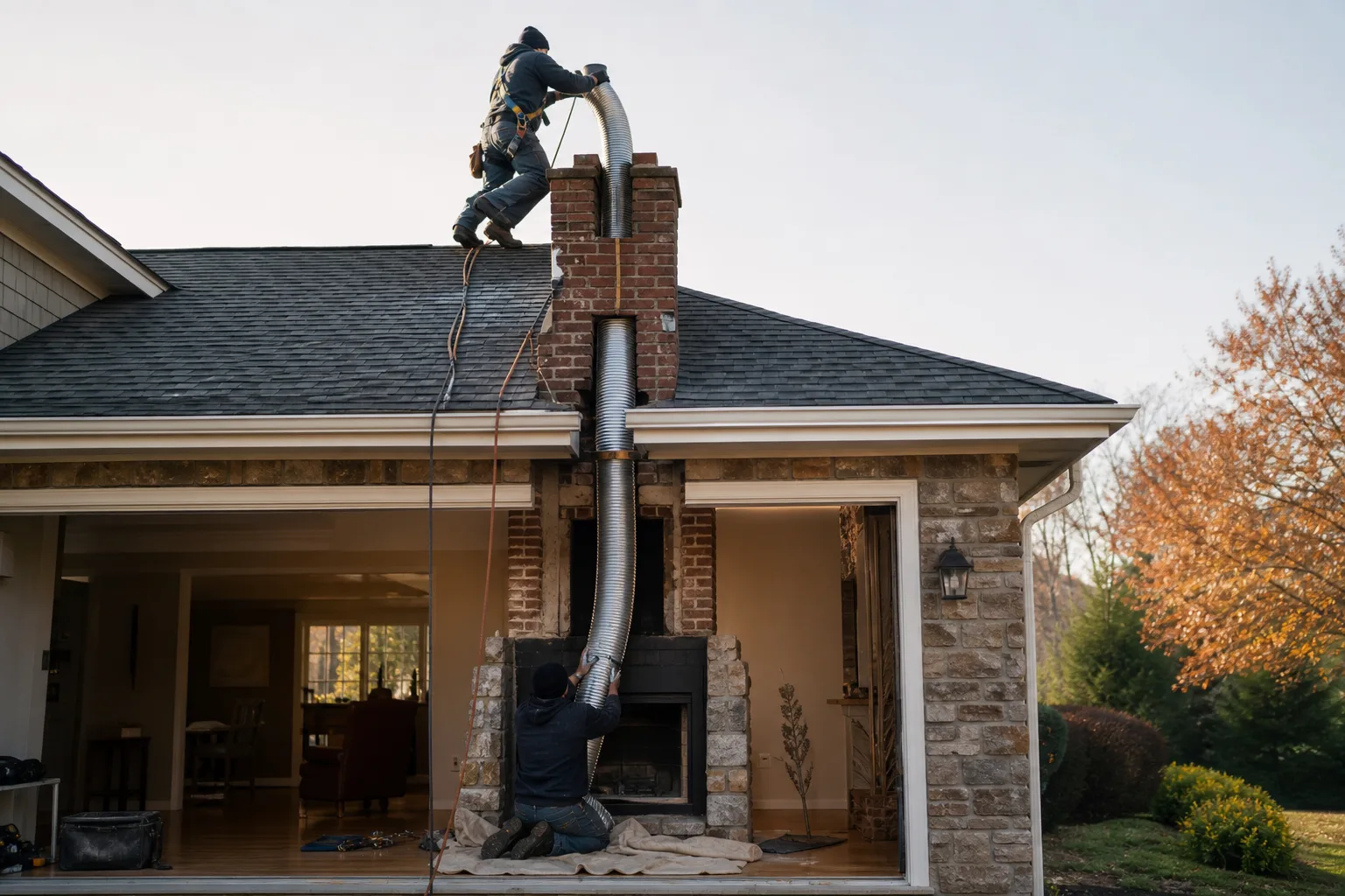 Fireplace insert liner installation with a technician lowering stainless steel venting