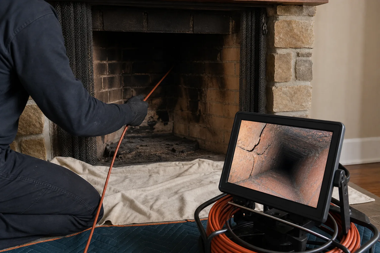 Fireplace insert chimney inspection using a video camera inside the masonry flue
