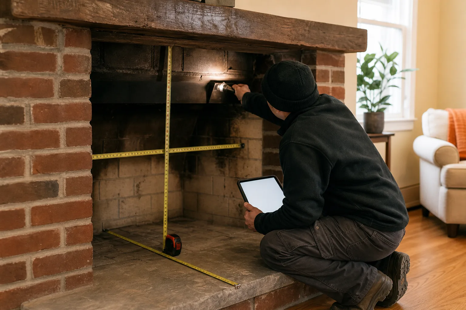 Fireplace insert installation planning with firebox measurements and chimney access inspection