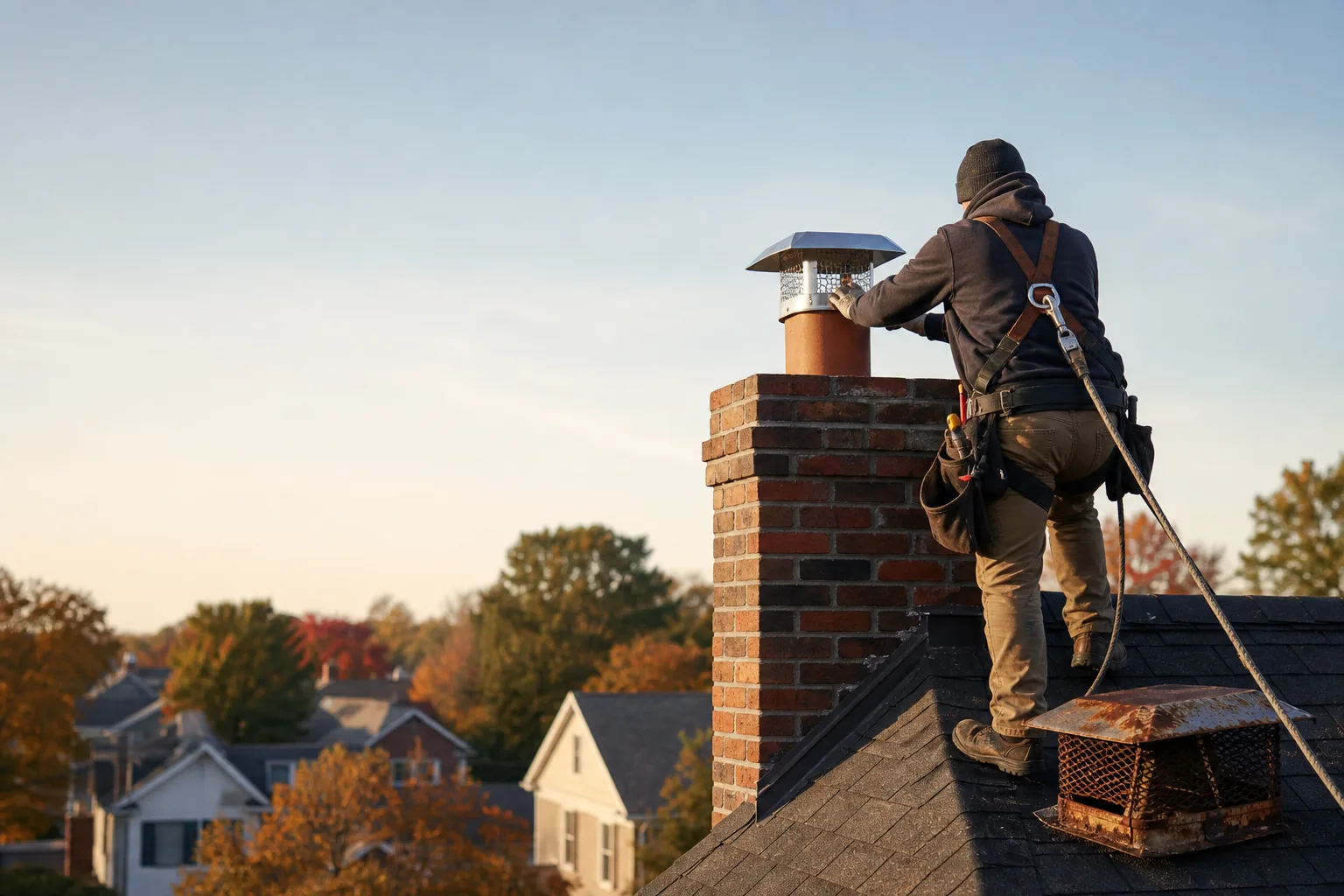 Chimney cap replacement technician installing a stainless cap on a brick chimney Chimney cap replacement technician installing a stainless cap on a brick chimney