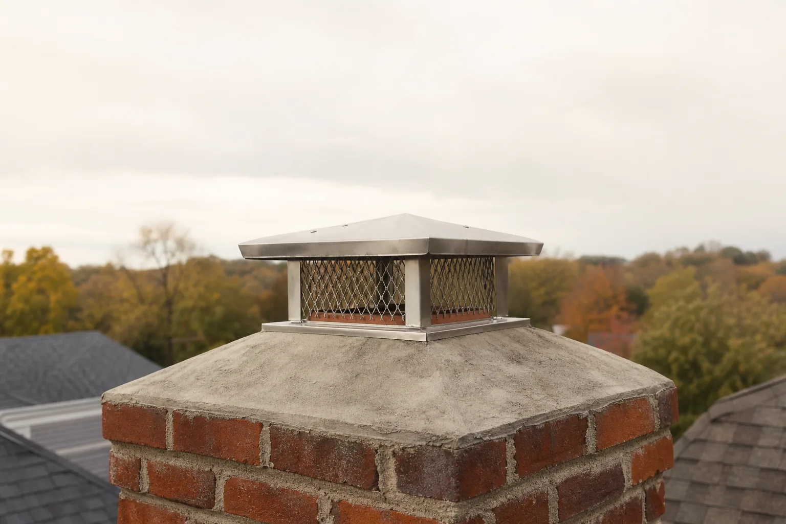 Stainless steel chimney cap sitting above a sloped concrete crown on brick masonry