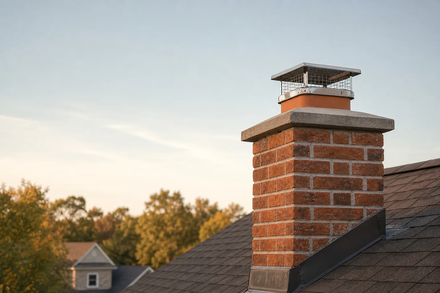 Stainless chimney cap above a brick chimney on a suburban American home Stainless chimney cap above a brick chimney on a suburban American home