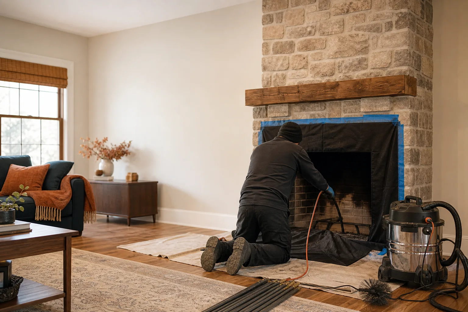 Technician performing chimney cleaning at a protected living room fireplace Technician performing chimney cleaning at a protected living room fireplace