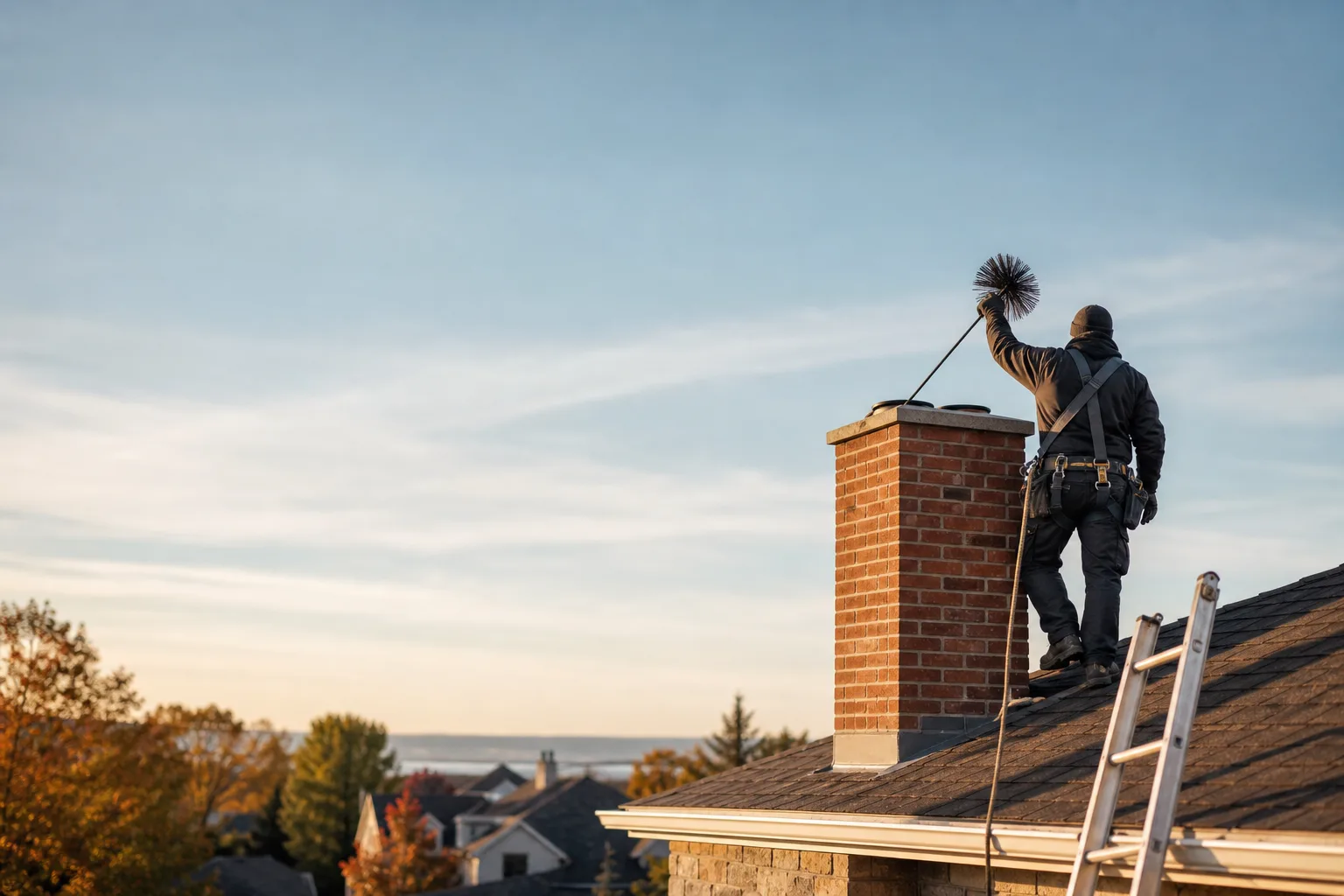 Technician performing chimney cleaning on a brick chimney at an American home