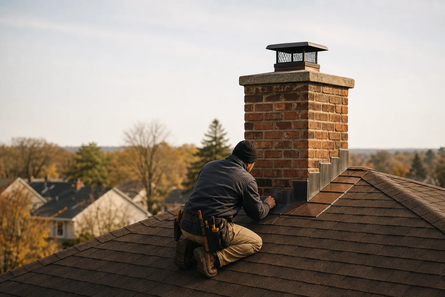 Chimney flashing repair technician inspecting layered metal around a brick chimney Chimney flashing repair technician inspecting layered metal around a brick chimney