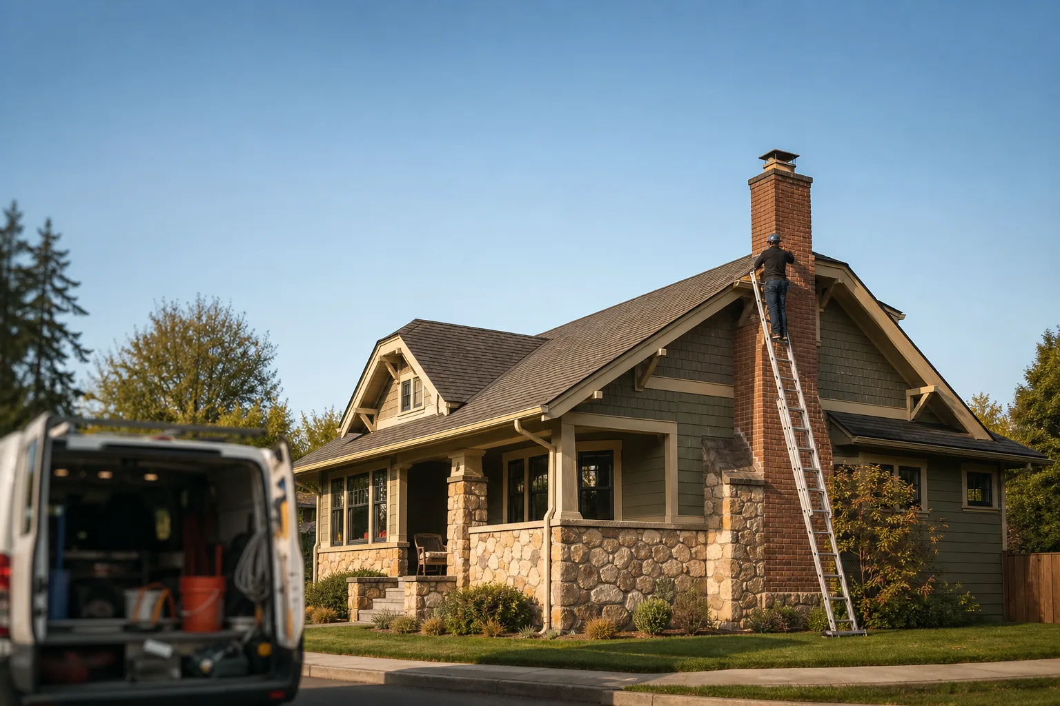 Ladder leaning against the eaves beside a brick chimney on a craftsman home Ladder leaning against the eaves beside a brick chimney on a craftsman home