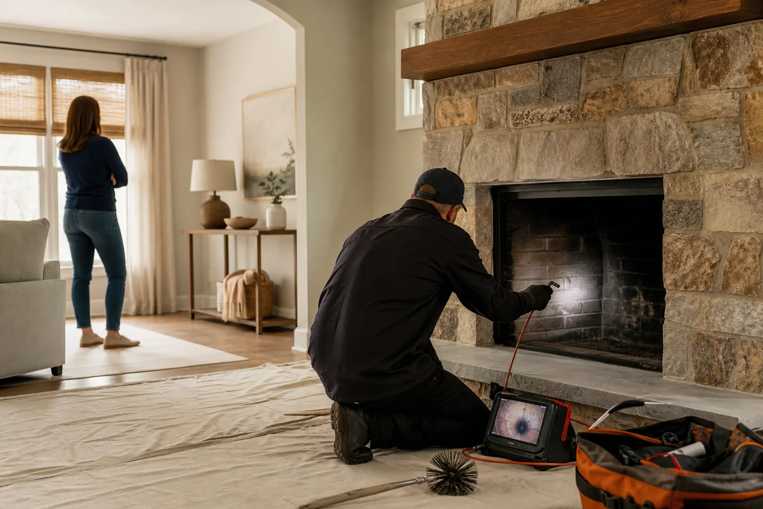 Chimney inspection near me technician examining a masonry fireplace and flue