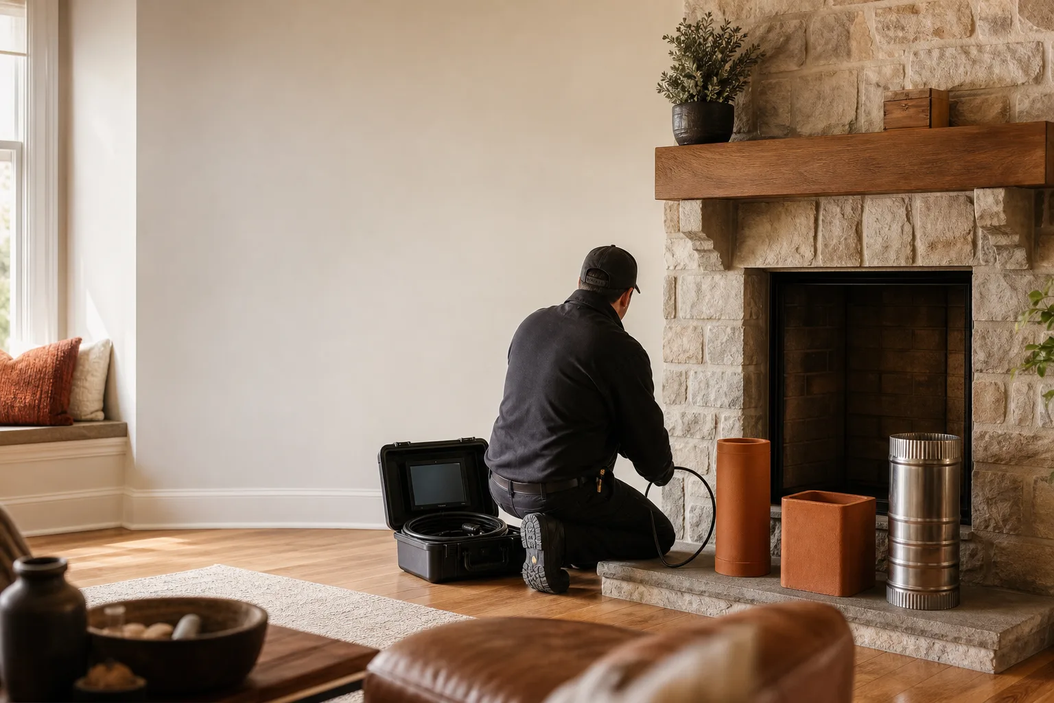 Chimney liner inspection setup beside a fireplace with camera equipment and liner samples