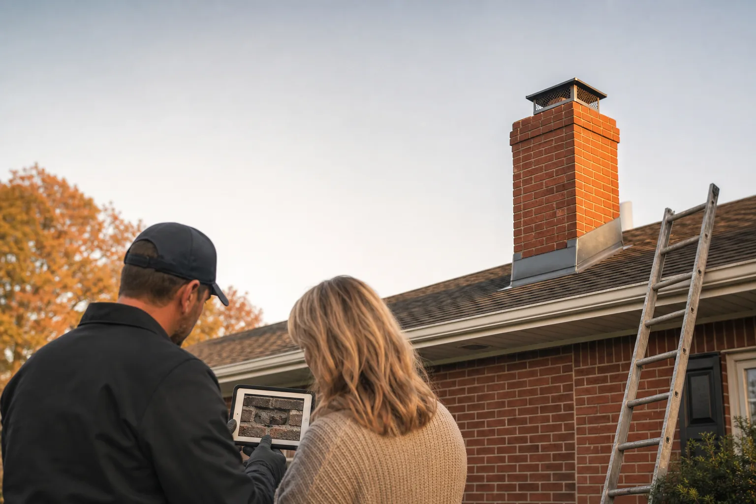 Local chimney repair technician reviews chimney photos with a homeowner outside