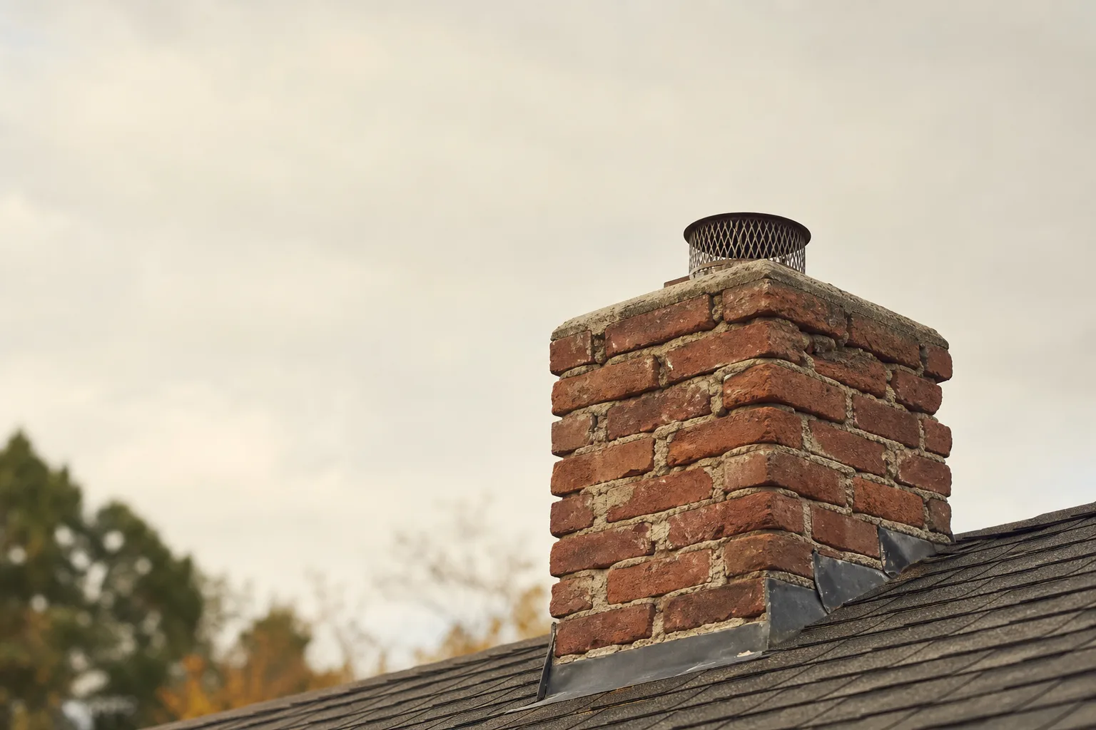 Chimney repointing near me: a brick chimney with visibly eroded mortar joints above a shingle roof