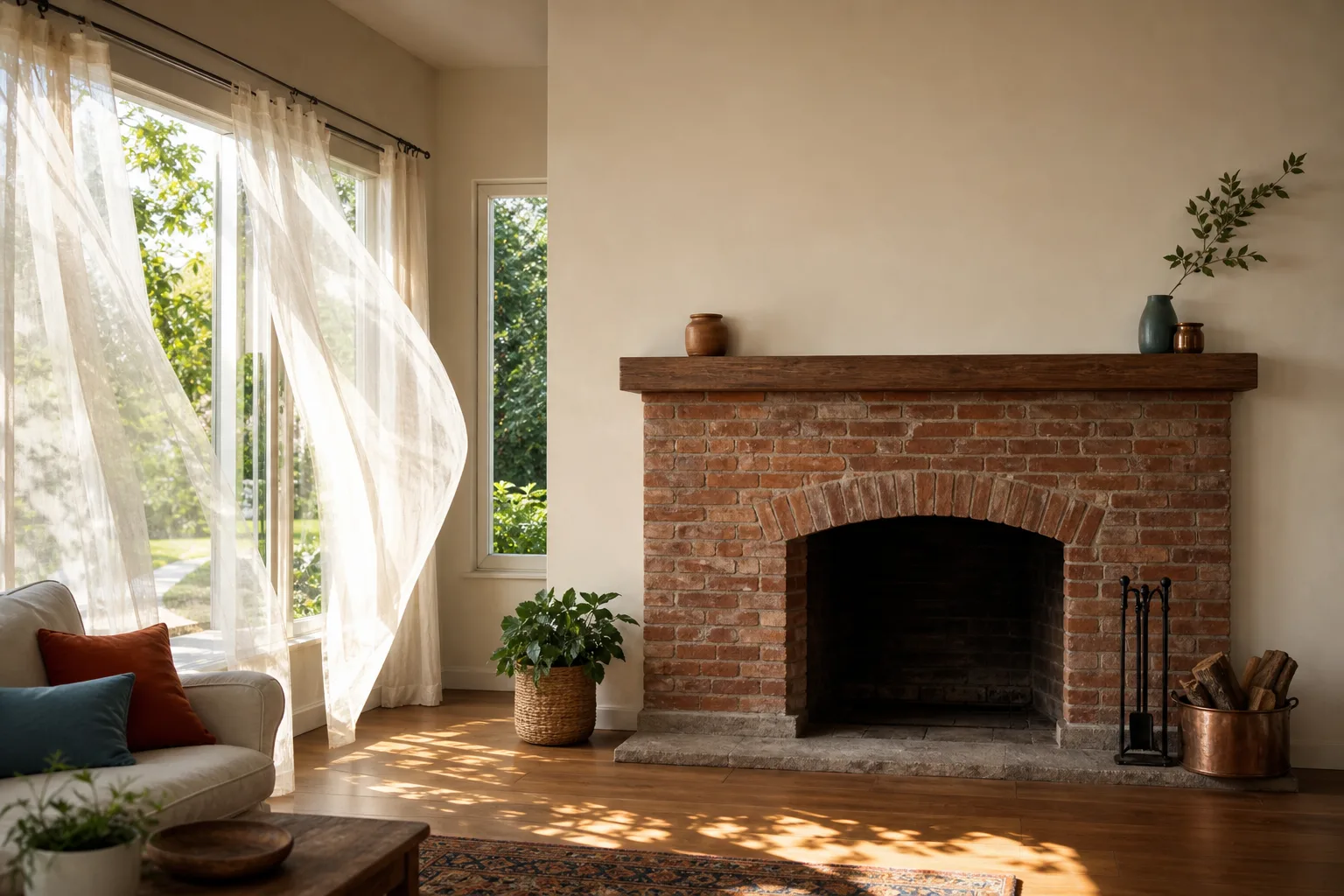 Unlit brick fireplace in a sunlit summer living room with curtains stirring at open windows Unlit brick fireplace in a sunlit summer living room with curtains stirring at open windows