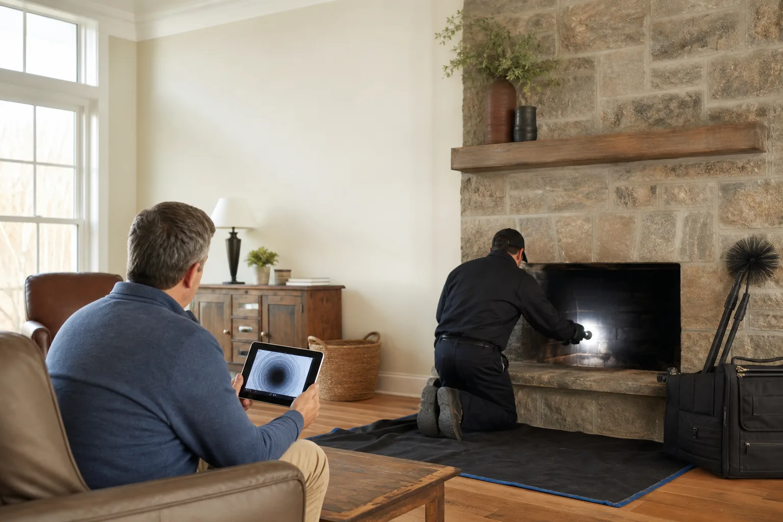 Chimney sweep near me inspecting a fireplace while the homeowner reviews findings