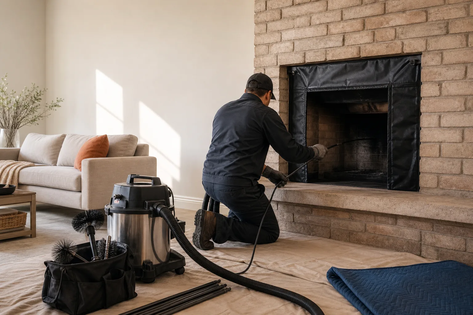 Chimney sweep cleaning a protected living room fireplace with professional vacuum equipment Chimney sweep cleaning a protected living room fireplace with professional vacuum equipment