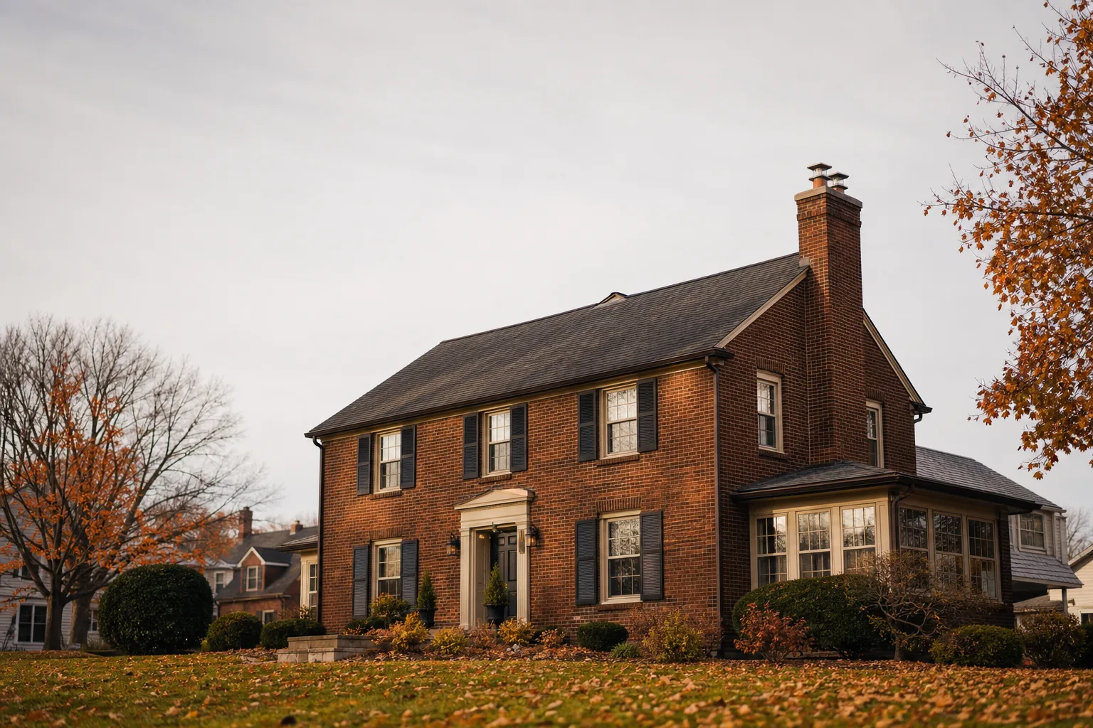 Brick chimney on a colonial home's roof in autumn light with leaves on the lawn
