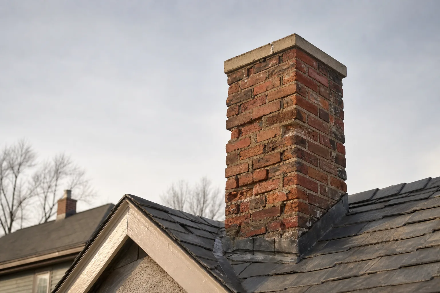Spalled brick and crumbling mortar joints on an aging chimney under a gray winter sky