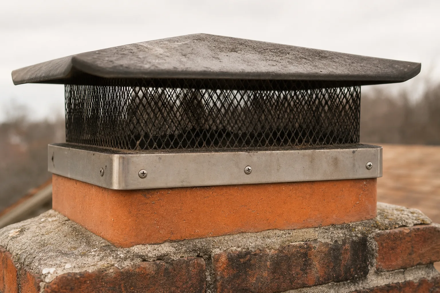 chimney cap installer detail of a cap lid, mesh screen and mounting band on a clay flue tile