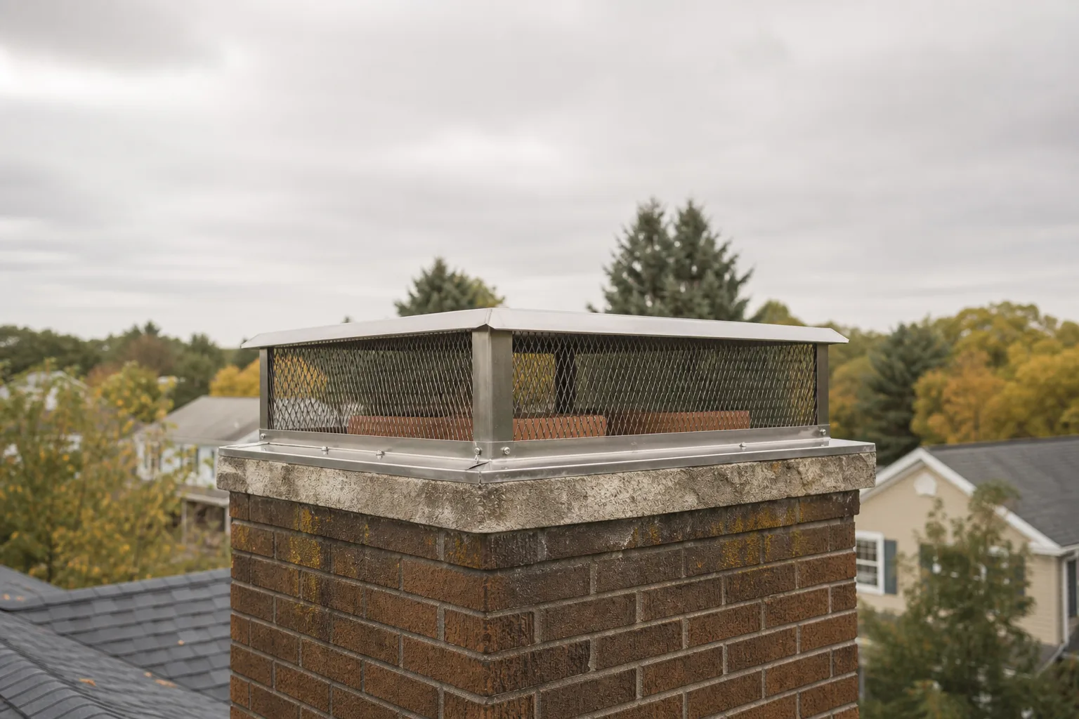 chimney cap installer after view of a stainless multi-flue top-mount cap anchored to the same chimney crown