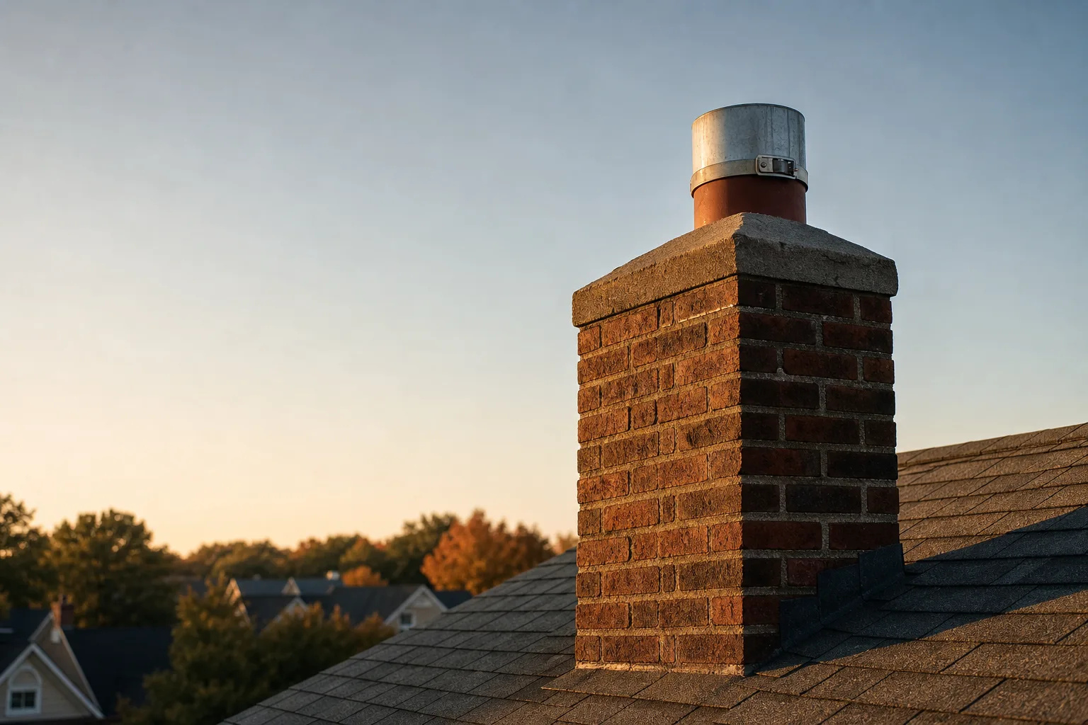 chimney cap installer work shown as a stainless single-flue cap banded to the clay tile on a red brick stack