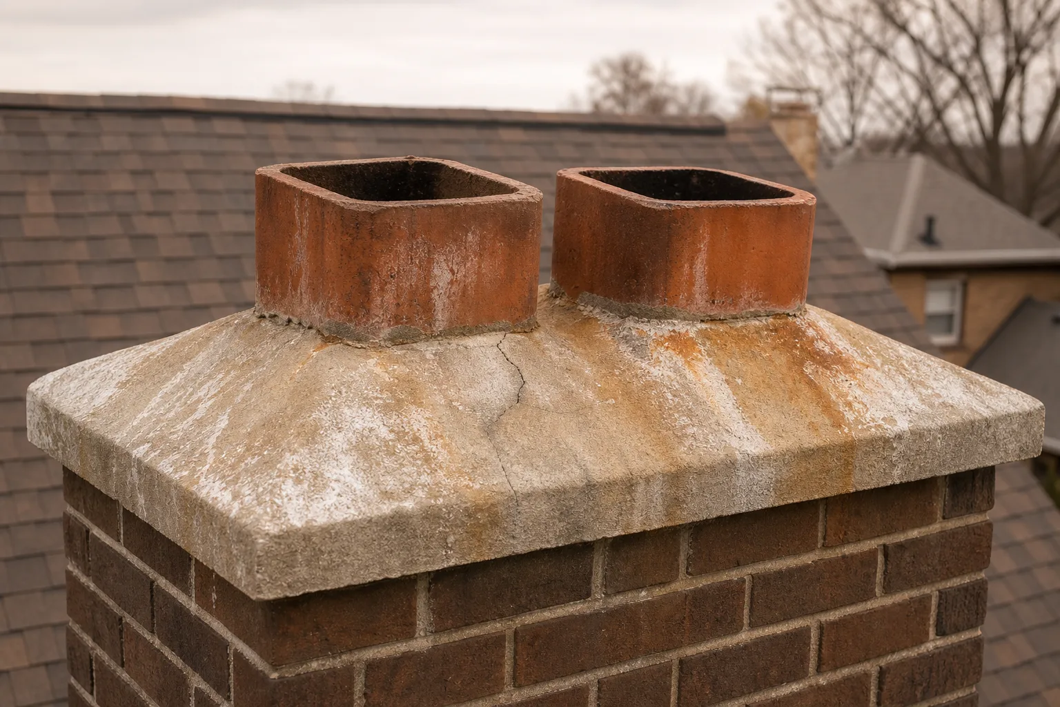 chimney cap installer before view of a bare multi-flue chimney crown with no cap in typical worn condition