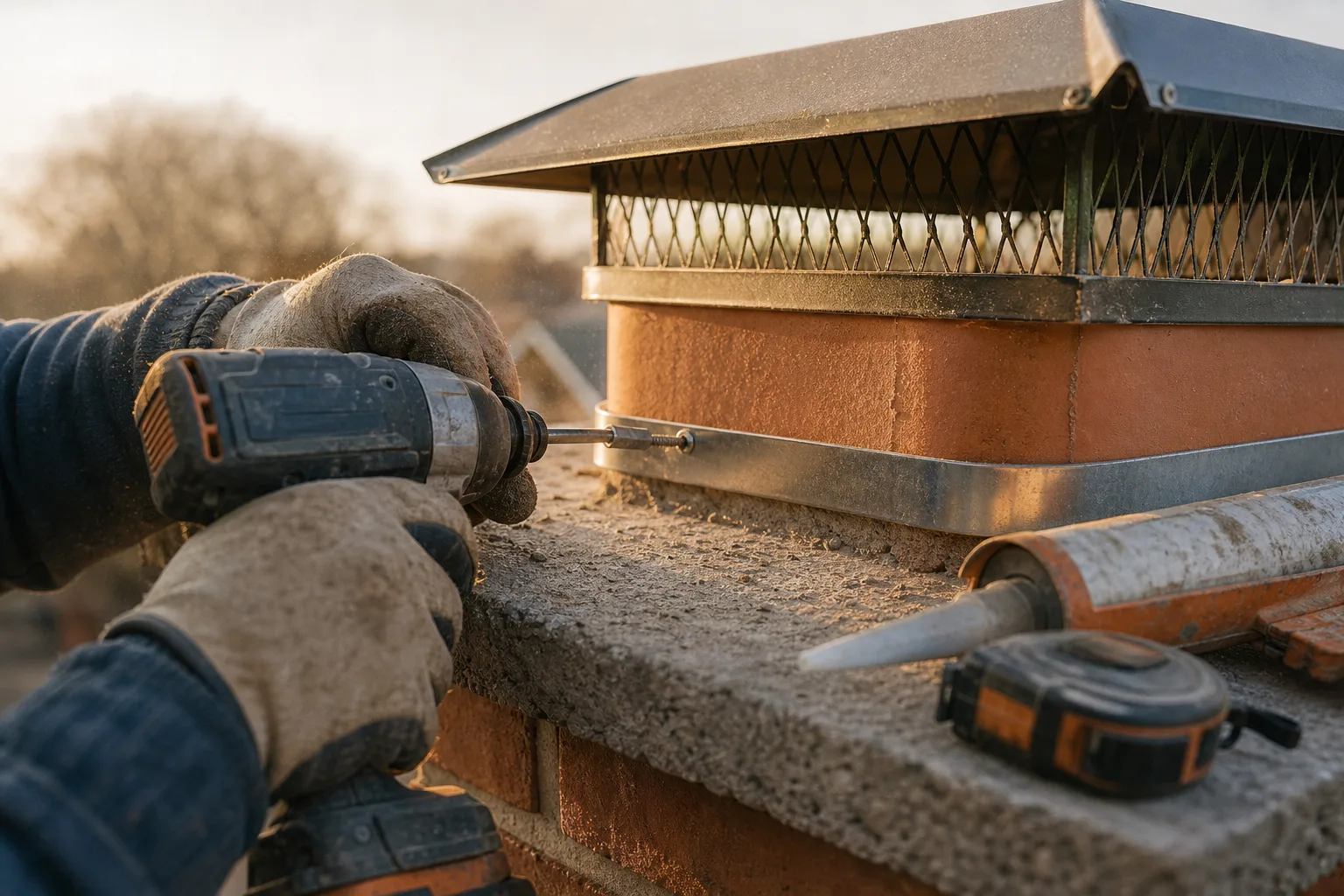chimney cap installer driving a stainless screw into the mounting band of a chimney cap