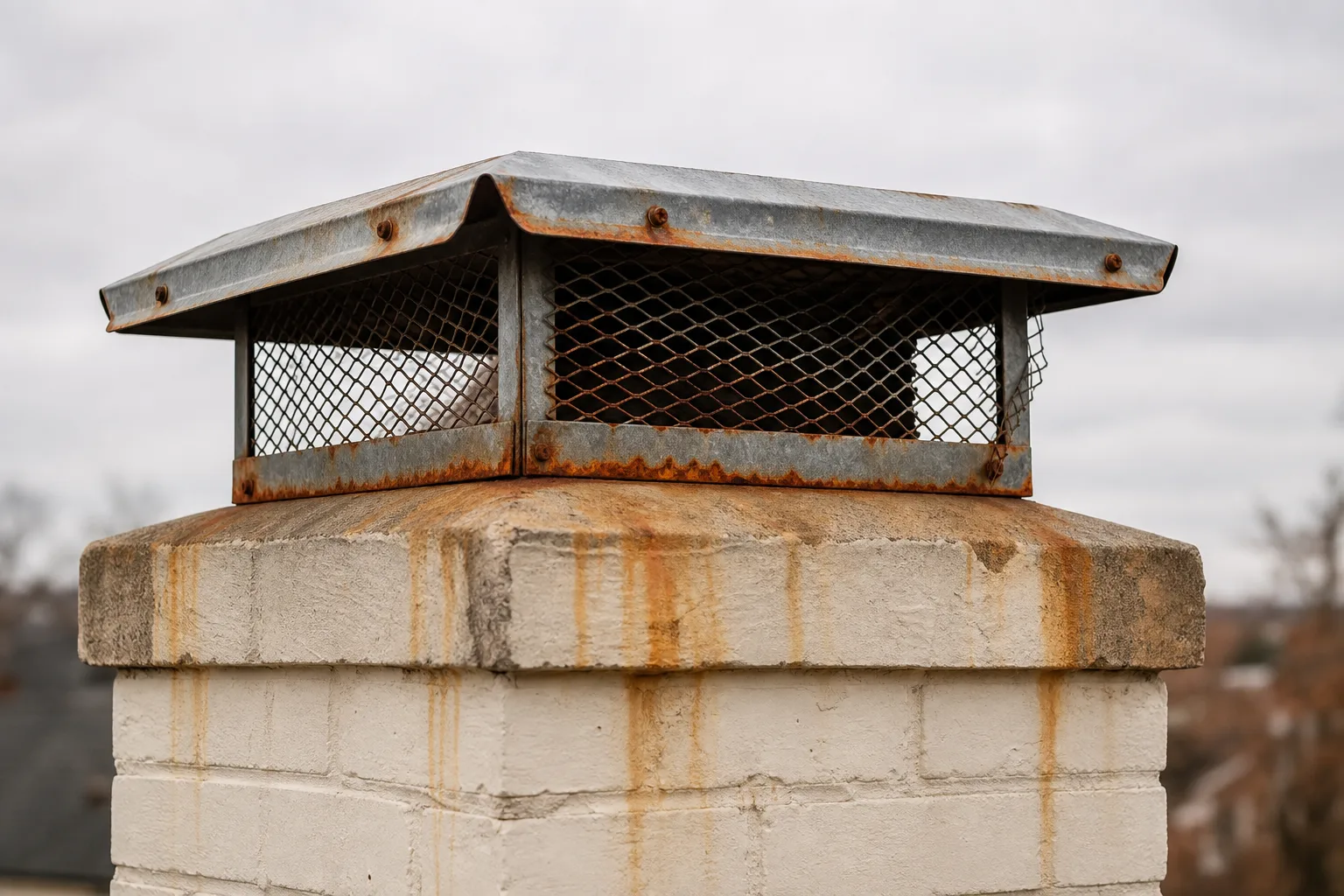 chimney cap installer example of a galvanized chimney cap rusting at the screws, seams and mesh edge