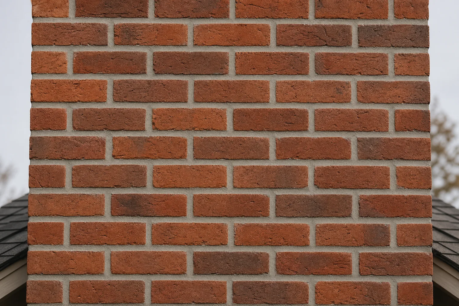 fireplace mason repointing result with crisp new mortar joints on the same brick chimney section