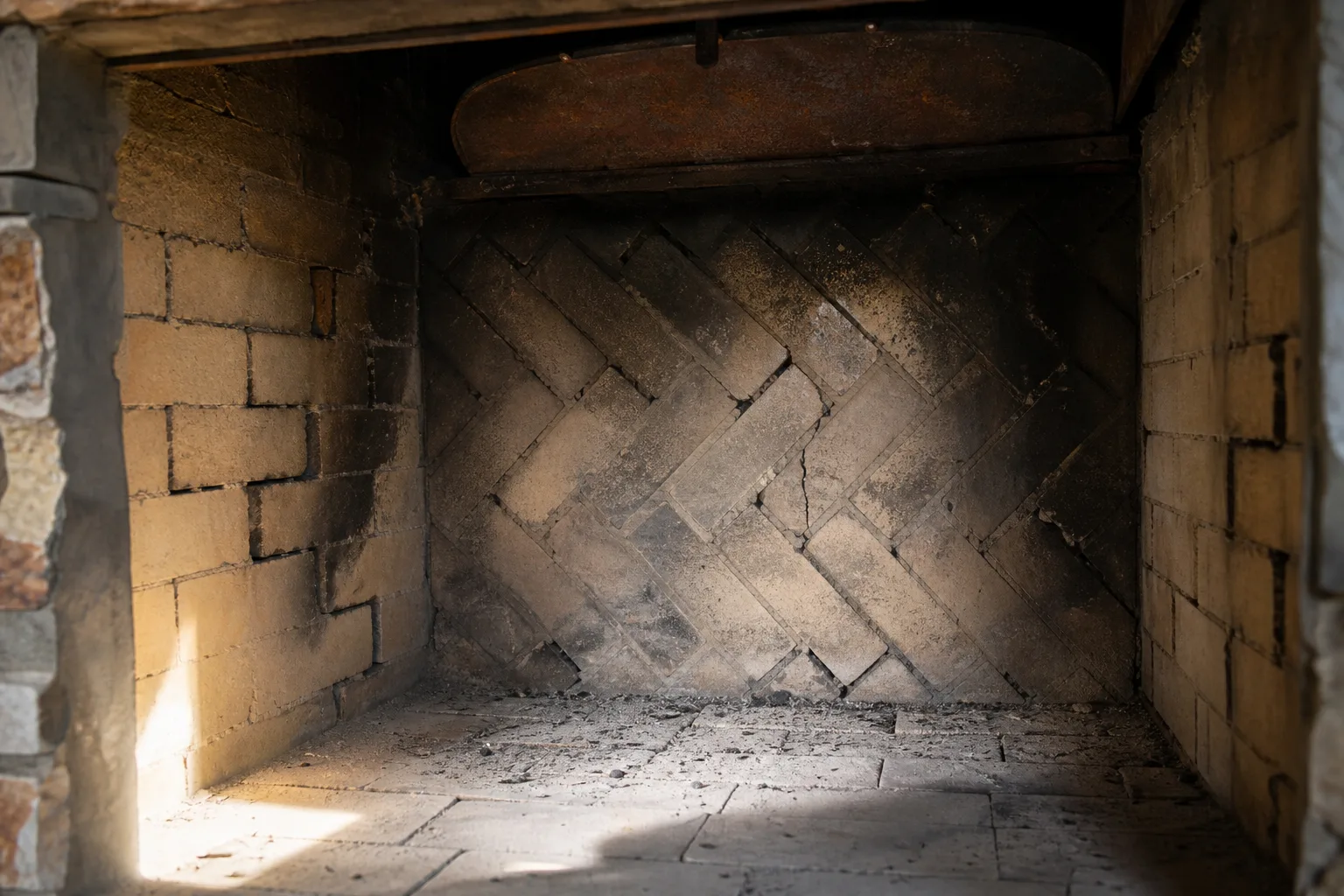 fireplace mason inspection view of a sooty firebox with failed mortar joints and cracked firebrick
