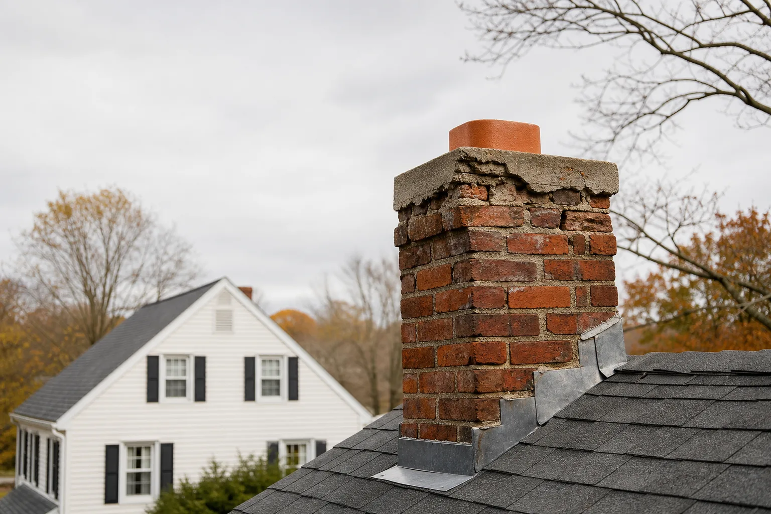 fireplace mason work needed on a brick chimney stack with crumbling mortar and a cracked crown