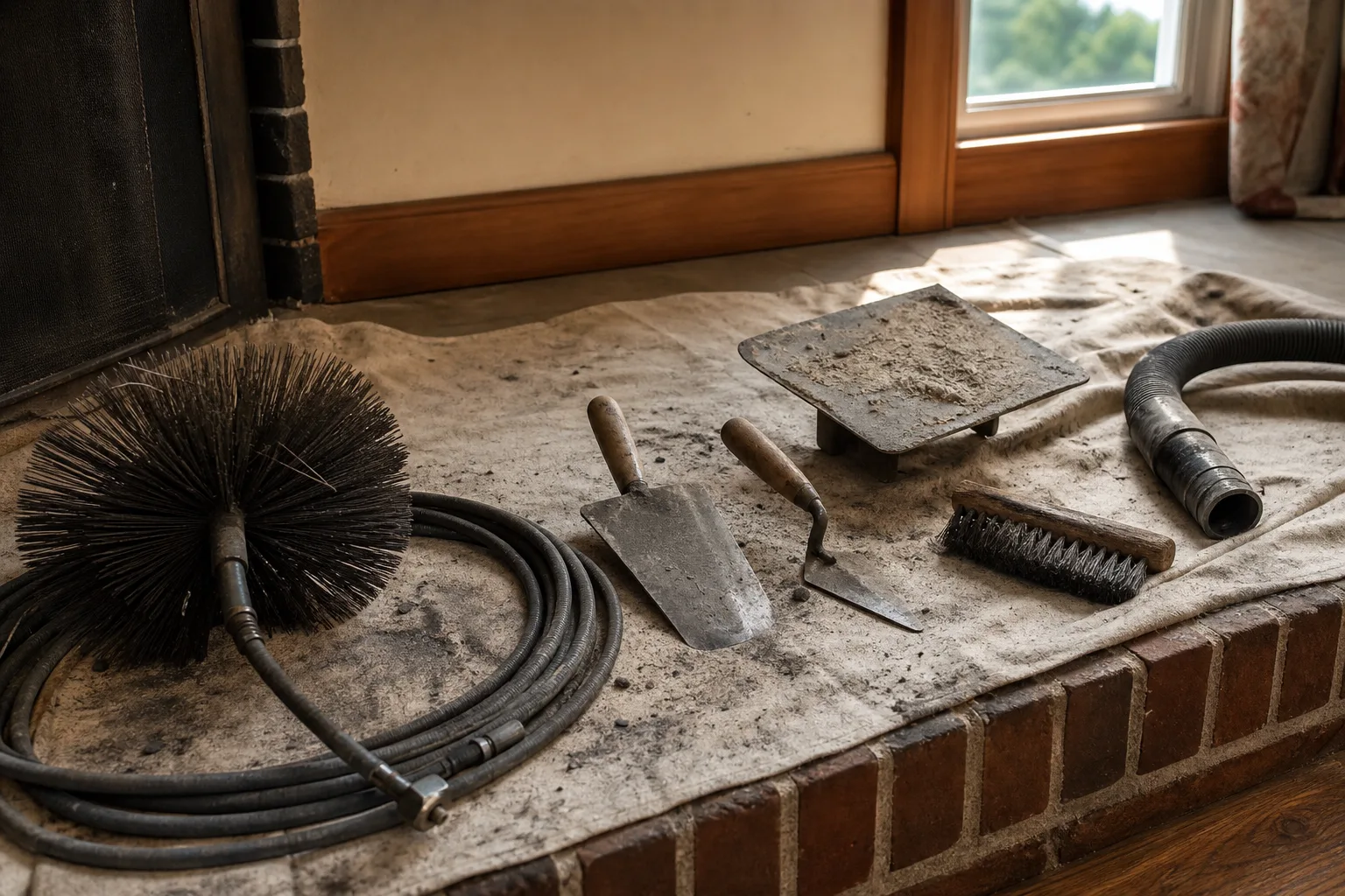 fireplace mason and chimney sweep tools laid out on a drop cloth at a brick hearth
