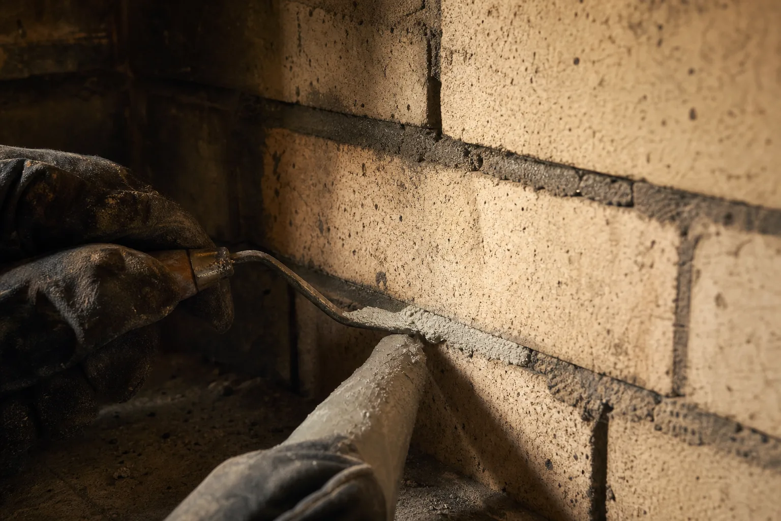 fireplace mason packing refractory mortar into firebrick joints inside a firebox