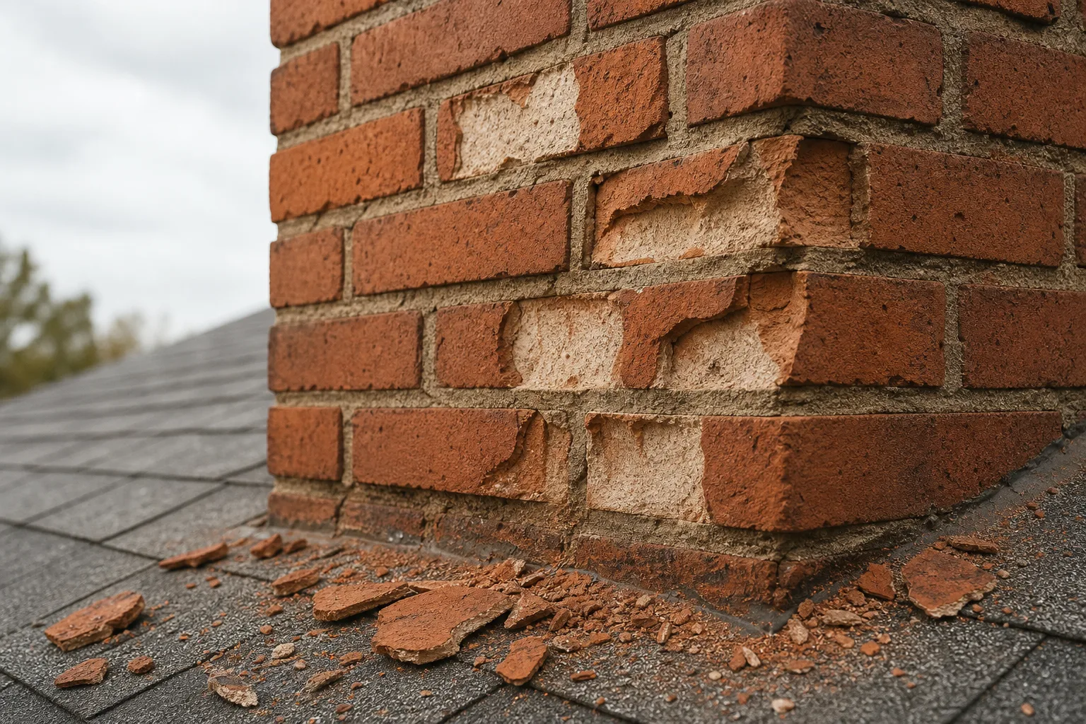 Brick chimney repair sign: spalled brick faces with fallen chips on the shingles below