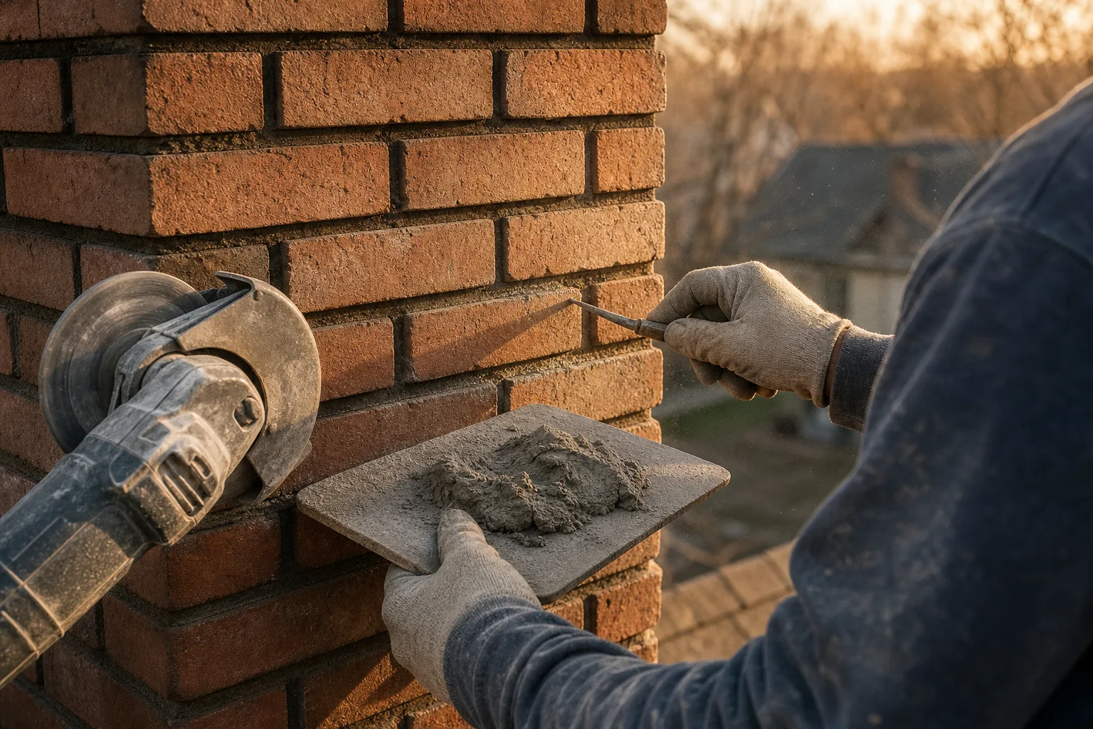 Brick chimney repair in progress: repointing raked-out mortar joints with fresh mortar