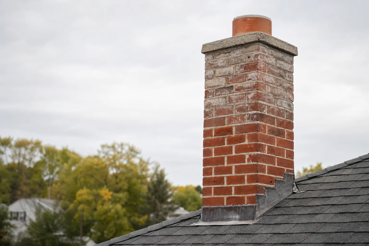 Brick chimney repair candidate: a weathered brick chimney stack above an asphalt shingle roof