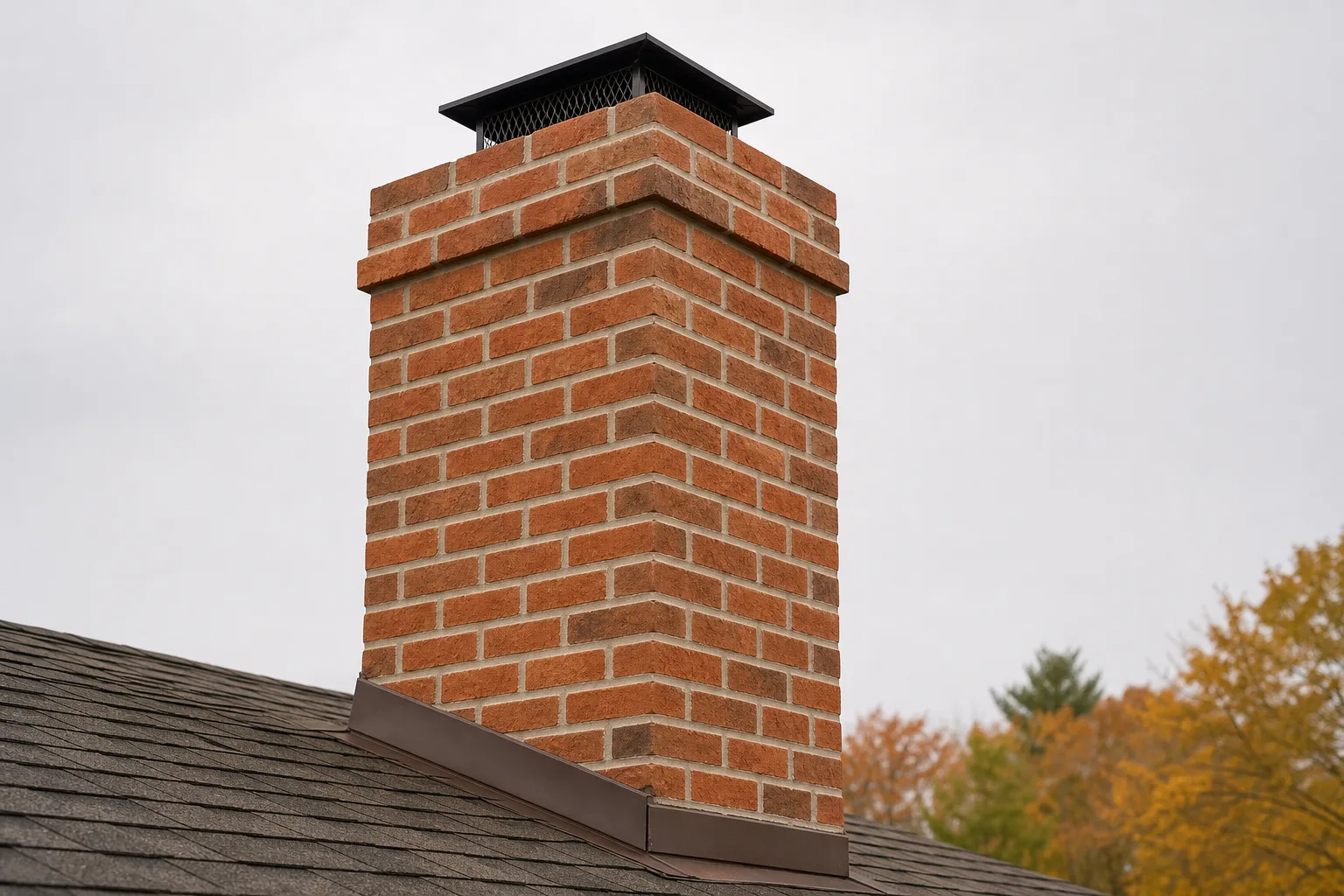 Brick chimney repair after: the same chimney stack with freshly repointed mortar joints