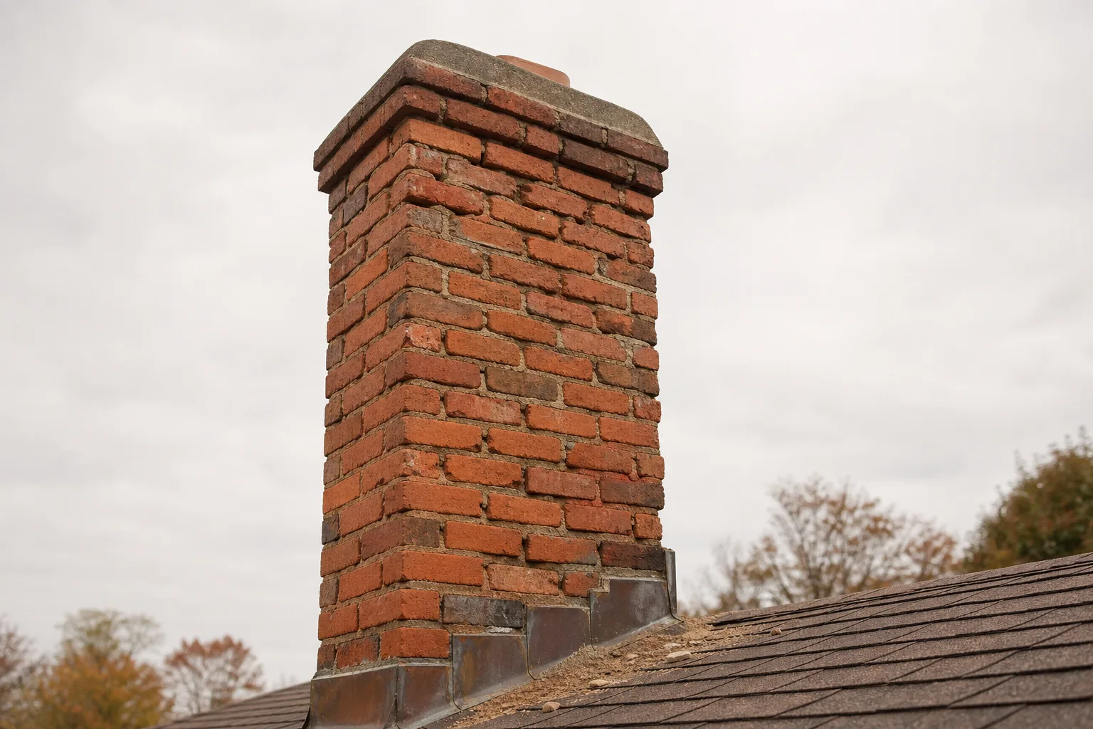 Brick chimney repair before: eroded and open mortar joints on a brick chimney stack