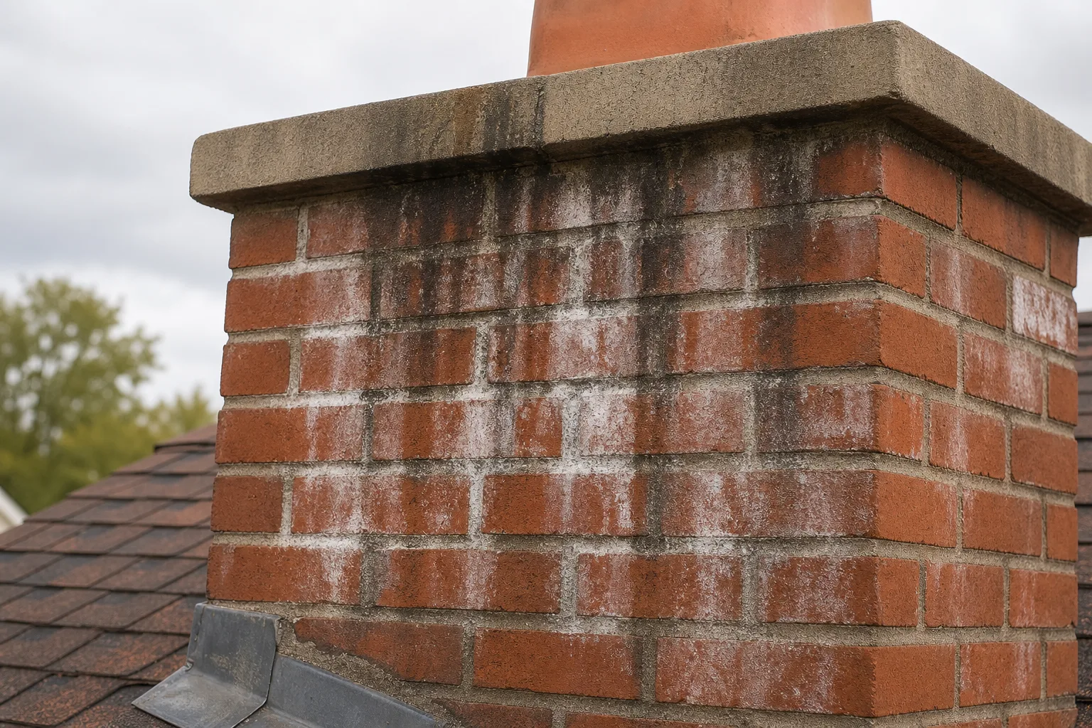 Brick chimney repair warning sign: white efflorescence and water staining below the crown
