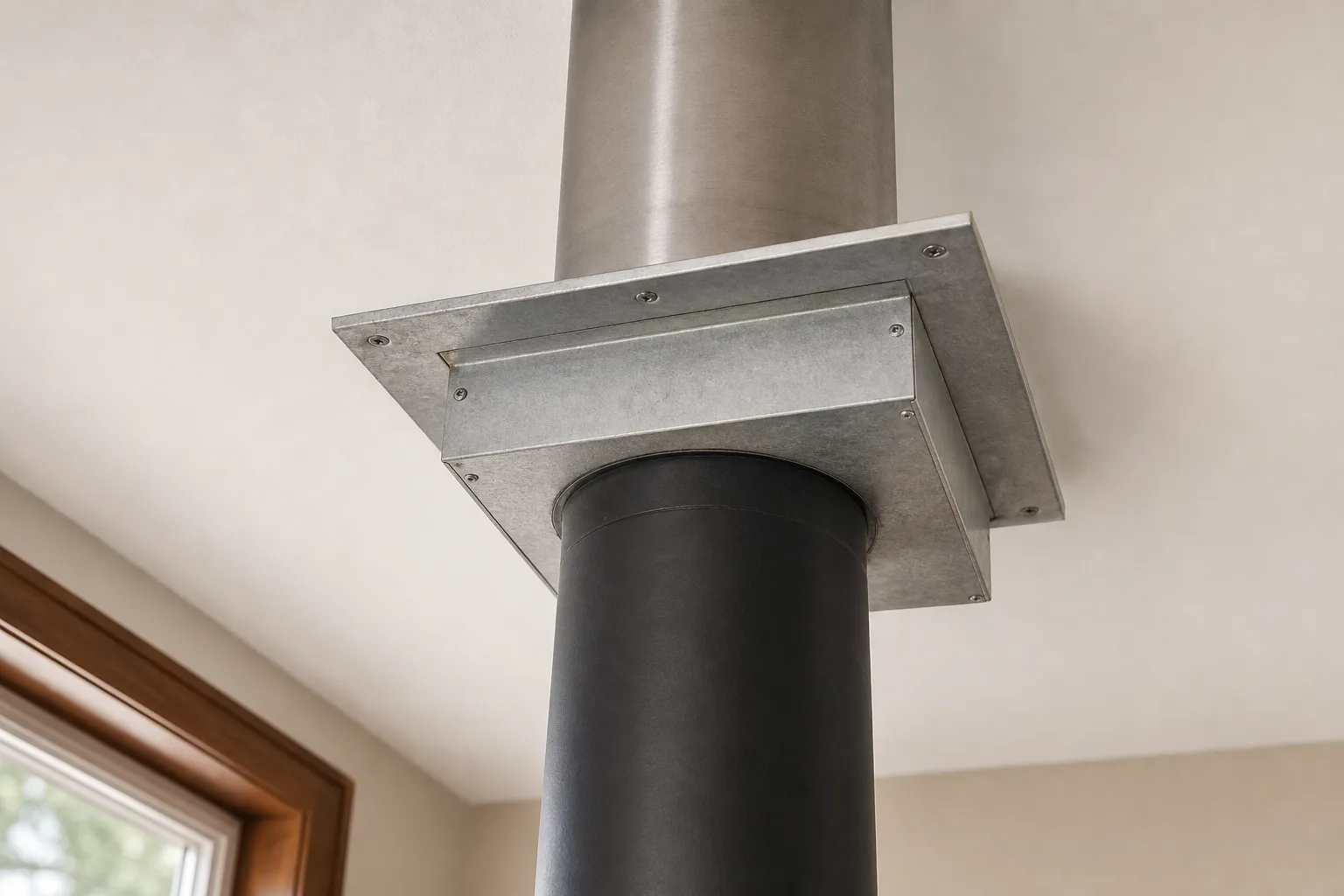 wood stove chimney kit ceiling support box with black pipe changing to silver Class A pipe